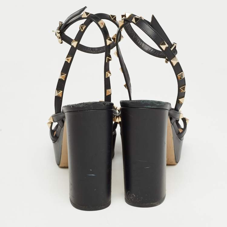 Pre Owned Valentino Black Leather Rockstud Platform Ankle Strap Sandals Size 41