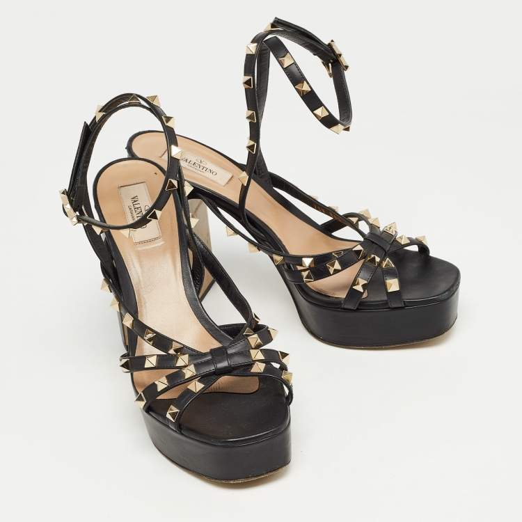 Pre Owned Valentino Black Leather Rockstud Platform Ankle Strap Sandals Size 41