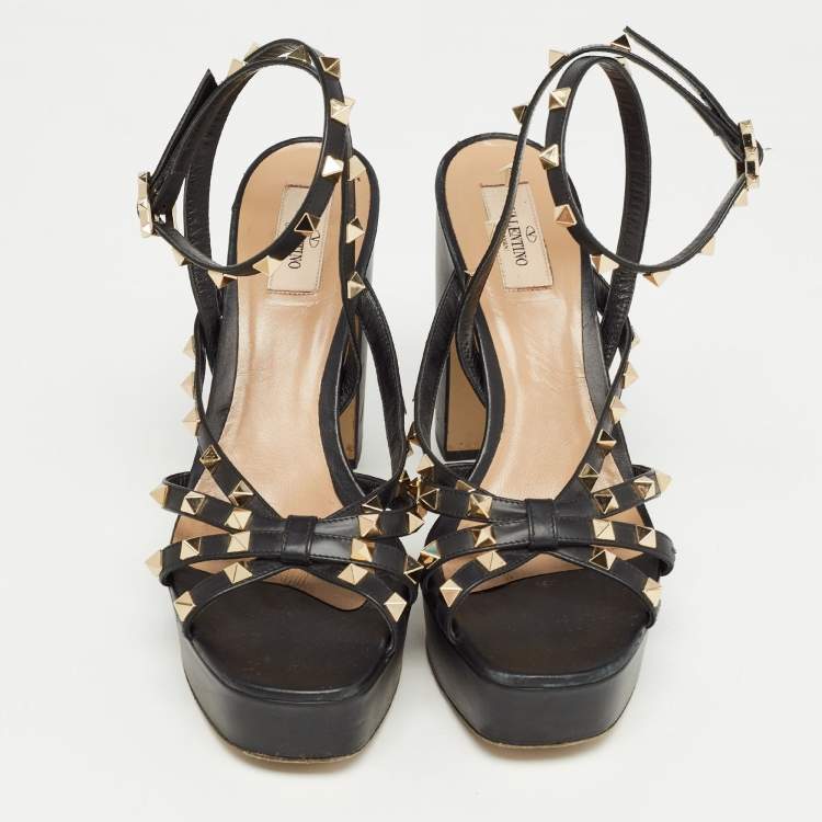 Pre Owned Valentino Black Leather Rockstud Platform Ankle Strap Sandals Size 41