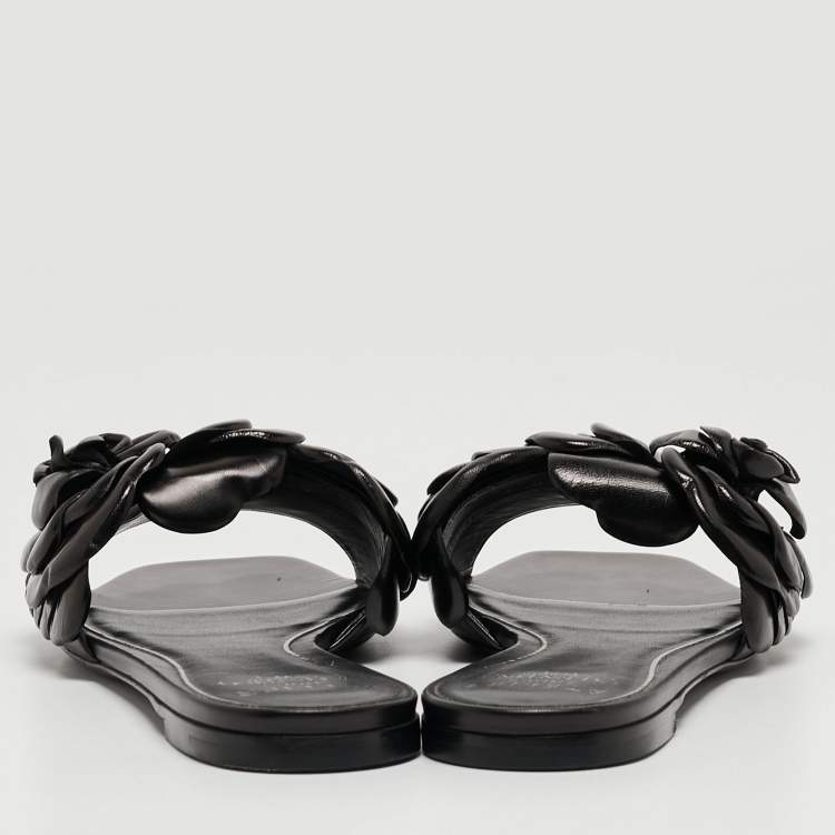 Pre Owned Valentino Black Leather 03 Rose Edition Atelier Flat Slides Size 39