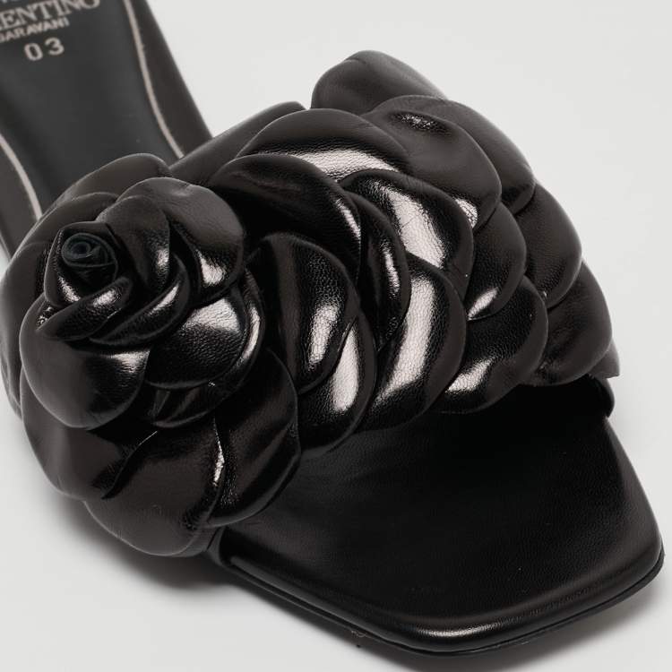 Pre Owned Valentino Black Leather 03 Rose Edition Atelier Flat Slides Size 39