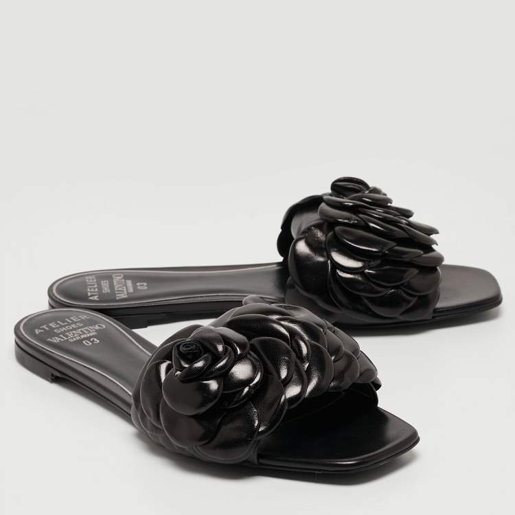 Pre Owned Valentino Black Leather 03 Rose Edition Atelier Flat Slides Size 39