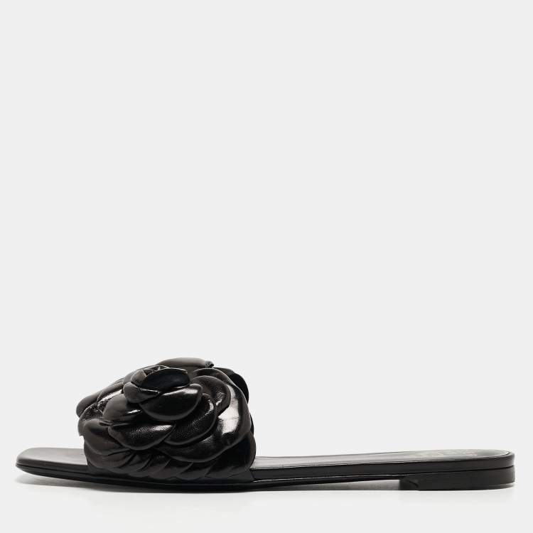 Pre Owned Valentino Black Leather 03 Rose Edition Atelier Flat Slides Size 39