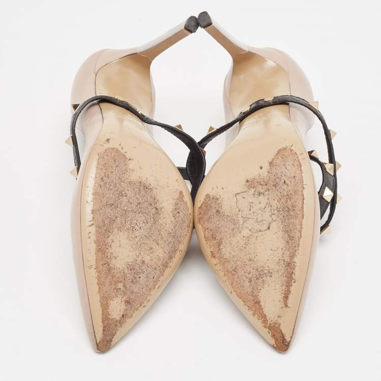 Pre Owned Valentino Dusty Pink/Black Leather Rockstud Ankle Wrap Pumps Size 38