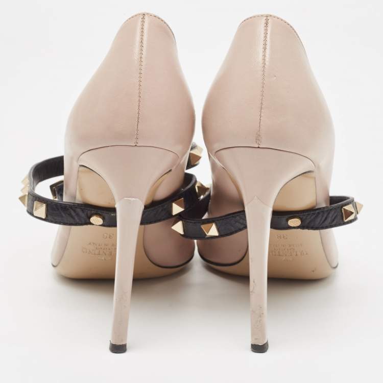 Pre Owned Valentino Dusty Pink/Black Leather Rockstud Ankle Wrap Pumps Size 38