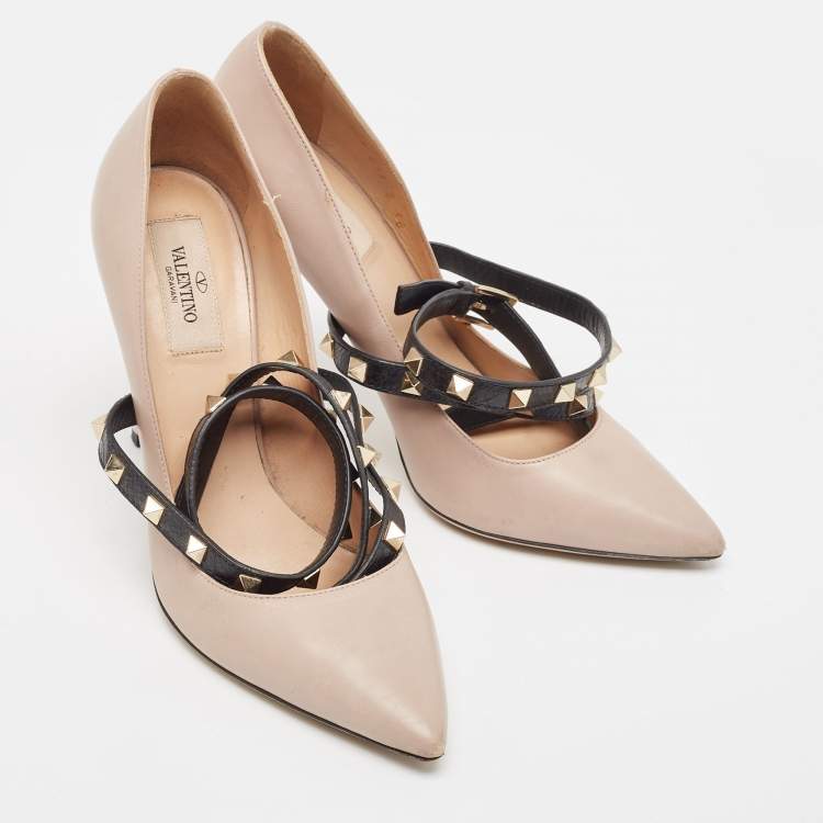 Pre Owned Valentino Dusty Pink/Black Leather Rockstud Ankle Wrap Pumps Size 38
