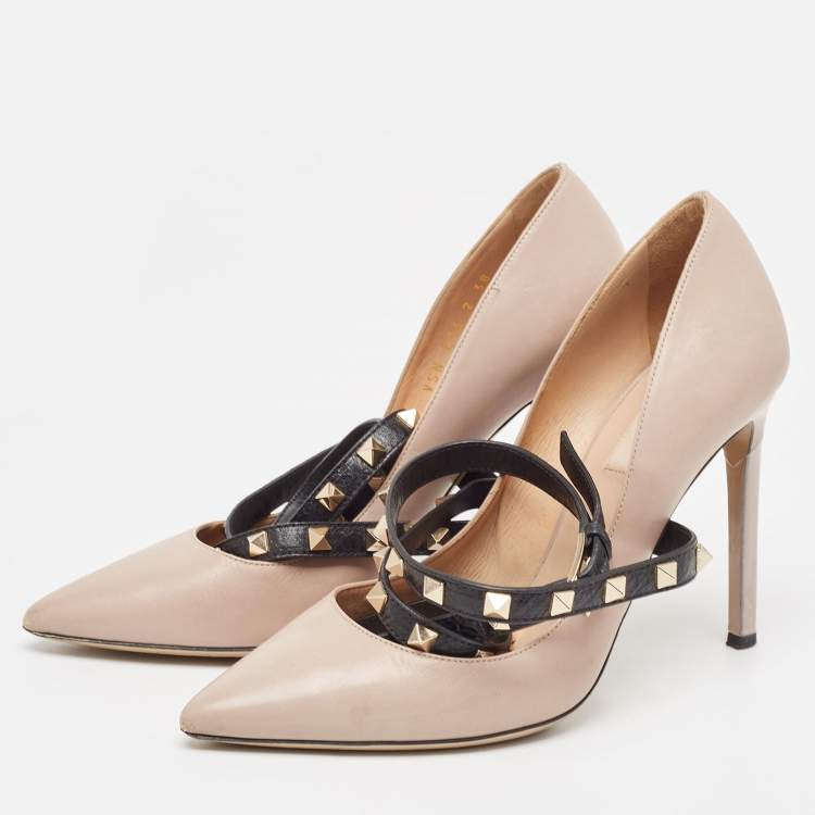 Pre Owned Valentino Dusty Pink/Black Leather Rockstud Ankle Wrap Pumps Size 38