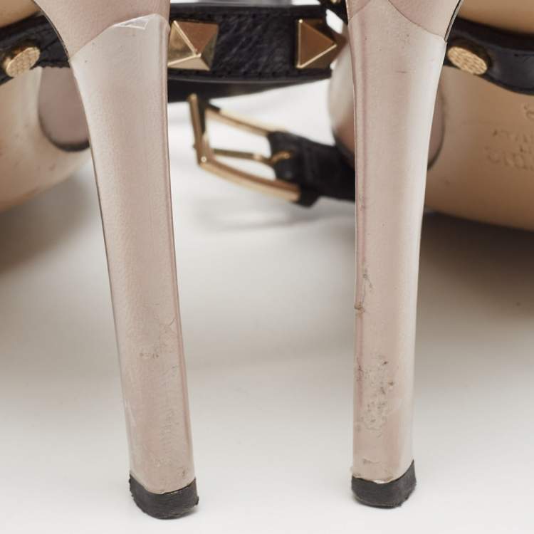 Pre Owned Valentino Dusty Pink/Black Leather Rockstud Ankle Wrap Pumps Size 38