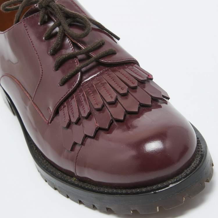 Pre Owned Valentino Burgundy Patent Leather Fringe Derby Size 37