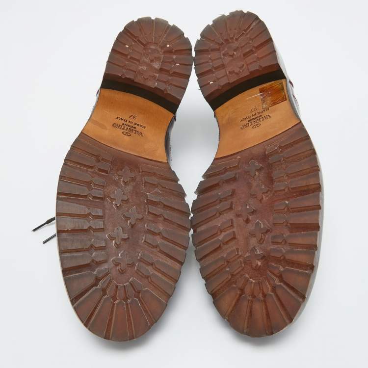 Pre Owned Valentino Burgundy Patent Leather Fringe Derby Size 37