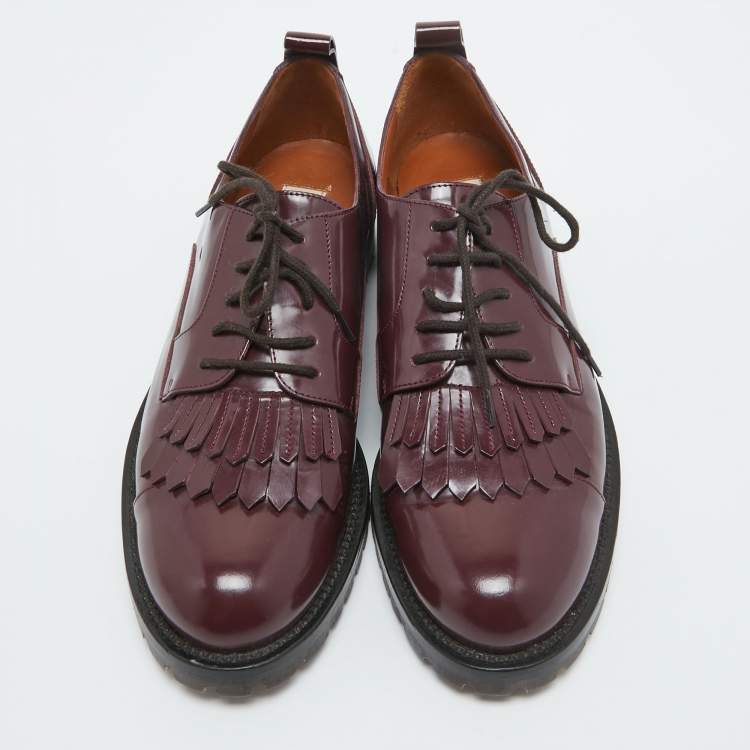 Pre Owned Valentino Burgundy Patent Leather Fringe Derby Size 37