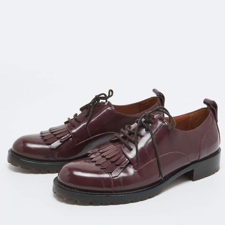 Pre Owned Valentino Burgundy Patent Leather Fringe Derby Size 37