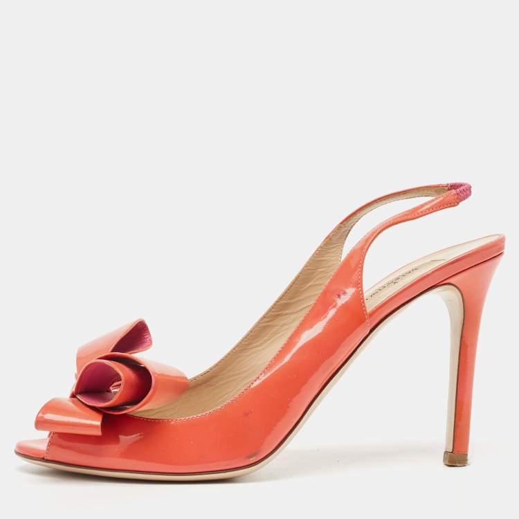 Valentino Orange Patent Bow Slingback Peep Toe Pumps Size 39.5 Valentino The Luxury Closet