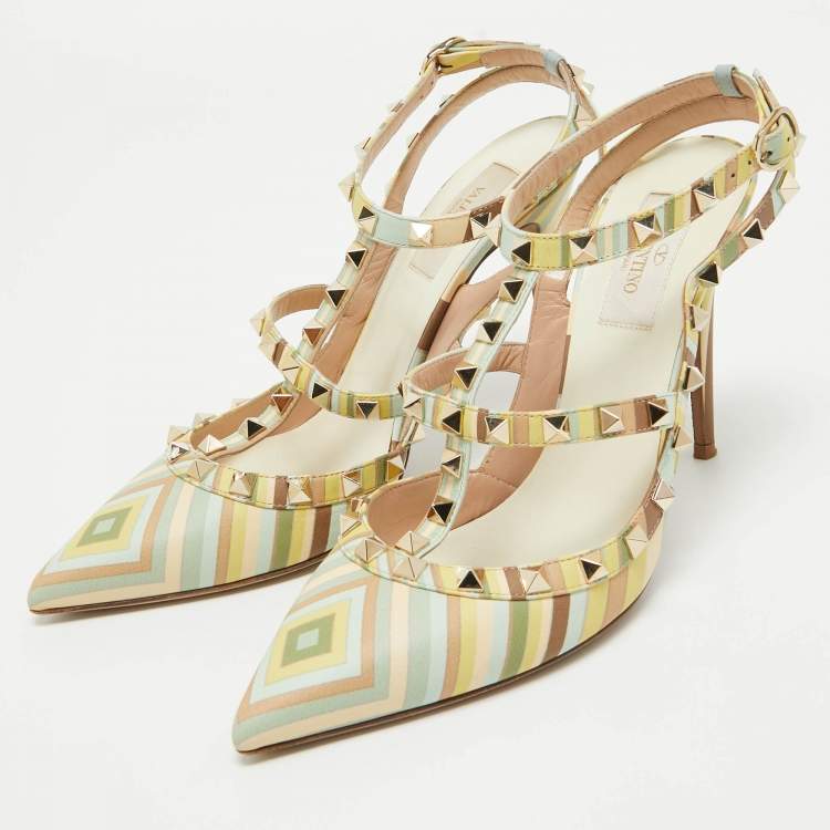 Pre Owned Valentino Multicolor Leather Rockstud Strappy Pointed Toe Pumps Size 39