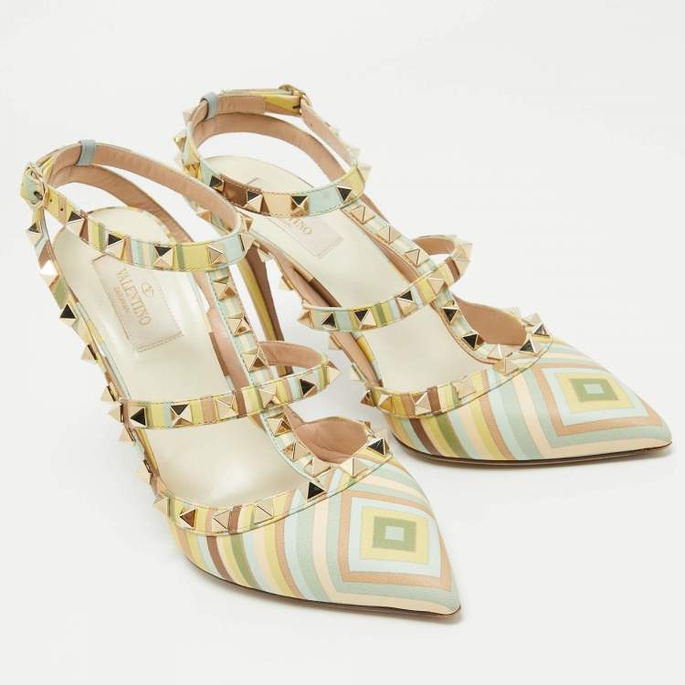 Pre Owned Valentino Multicolor Leather Rockstud Strappy Pointed Toe Pumps Size 39