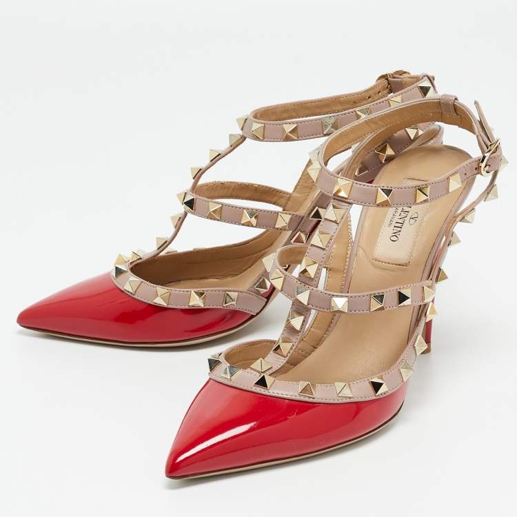 Pre Owned Valentino Red Patent Leather Rockstud Ankle Strap Pumps Size 37