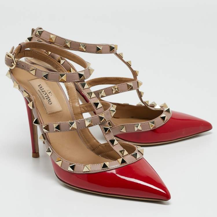 Pre Owned Valentino Red Patent Leather Rockstud Ankle Strap Pumps Size 37