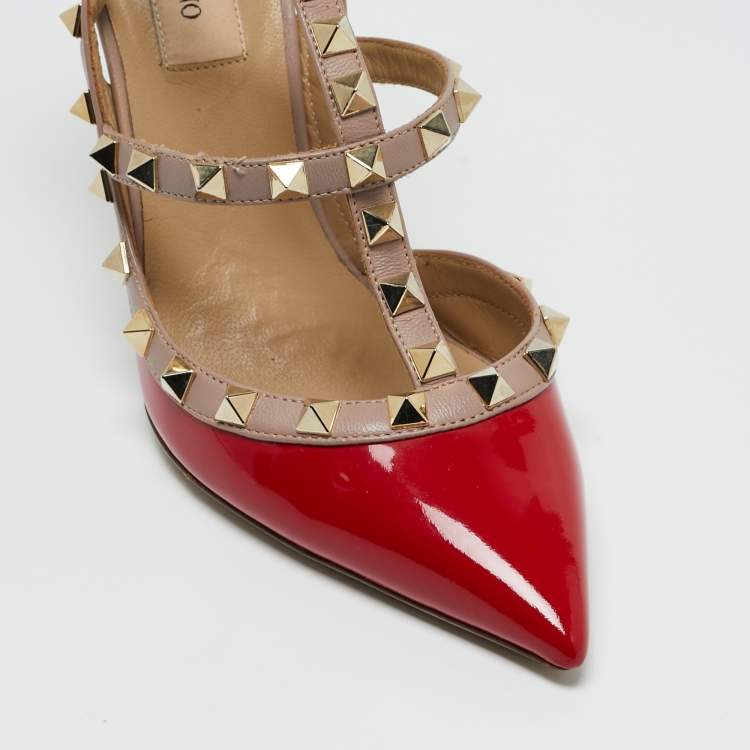 Pre Owned Valentino Red Patent Leather Rockstud Ankle Strap Pumps Size 37