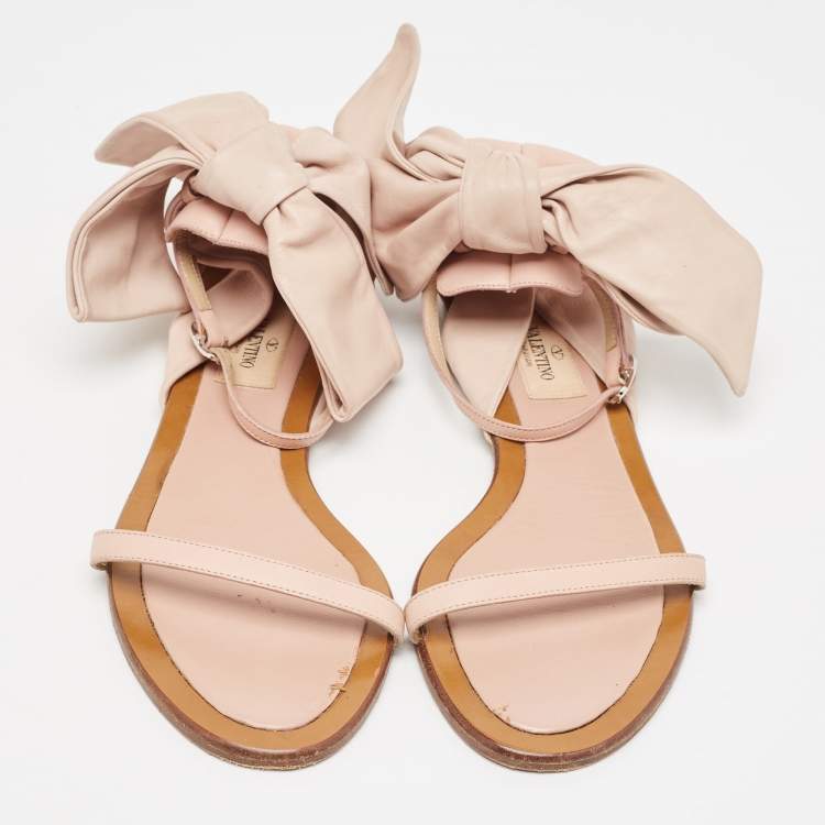 Pre Owned Valentino Pink Leather Leather  Ankle Strap Flat Sandals Size 38