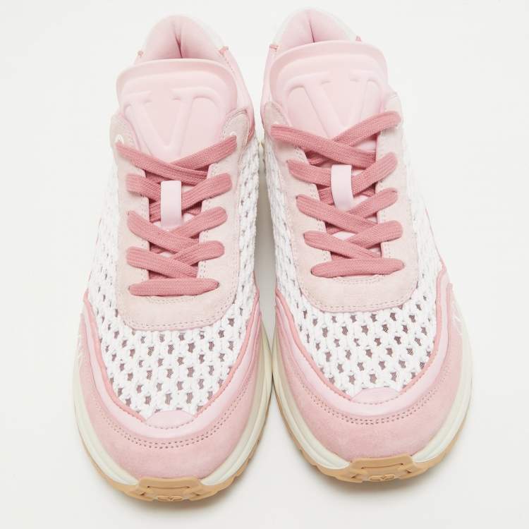 Pre Owned Valentino Pink/White Leather and Mesh Lace Up Sneakers Size 40