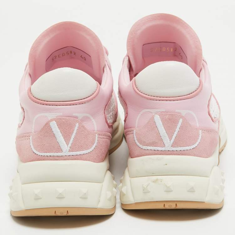 Pre Owned Valentino Pink/White Leather and Mesh Lace Up Sneakers Size 40