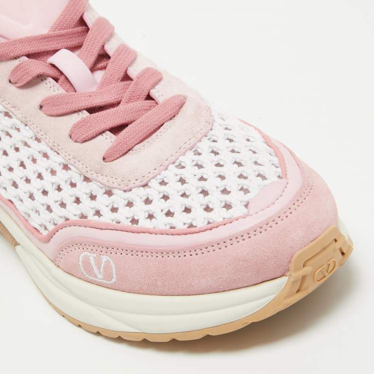 Pre Owned Valentino Pink/White Leather and Mesh Lace Up Sneakers Size 40