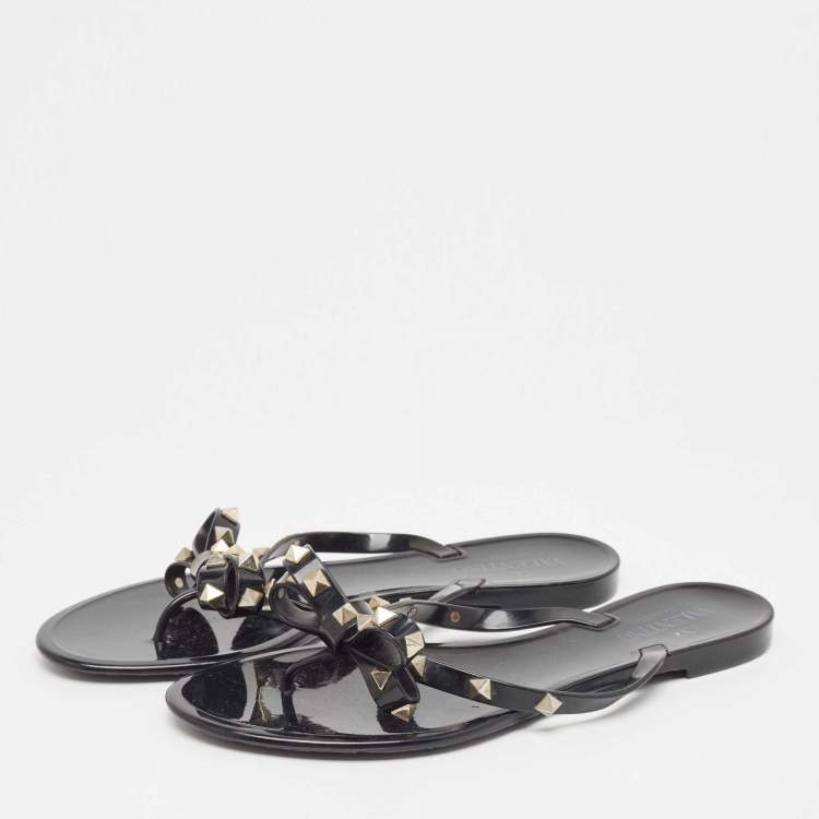 Pre Owned Valentino Black Jelly Rockstud Flat Slides Size 40