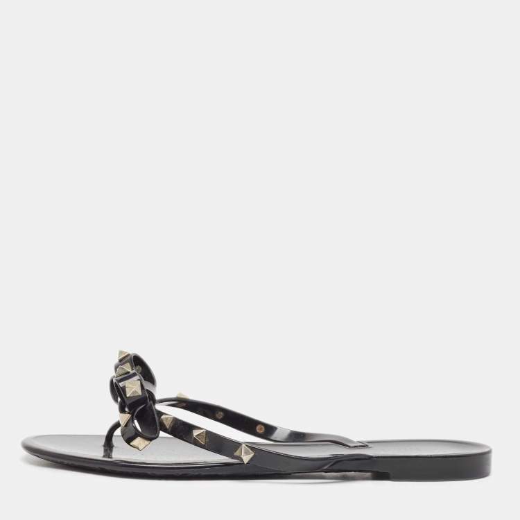 Pre Owned Valentino Black Jelly Rockstud Flat Slides Size 40