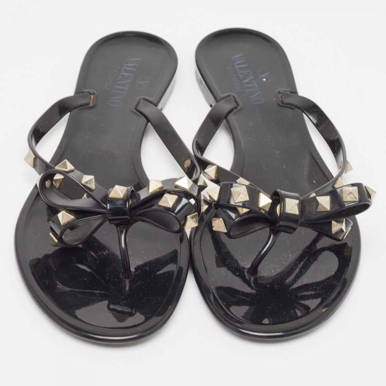 Pre Owned Valentino Black Jelly Rockstud Flat Slides Size 40