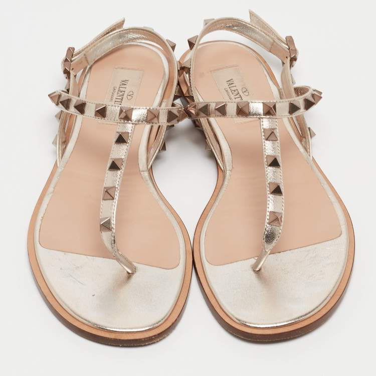 Pre Owned Valentino Metallic Gold Leather Rockstud Thong Flat Slides Size 36.5