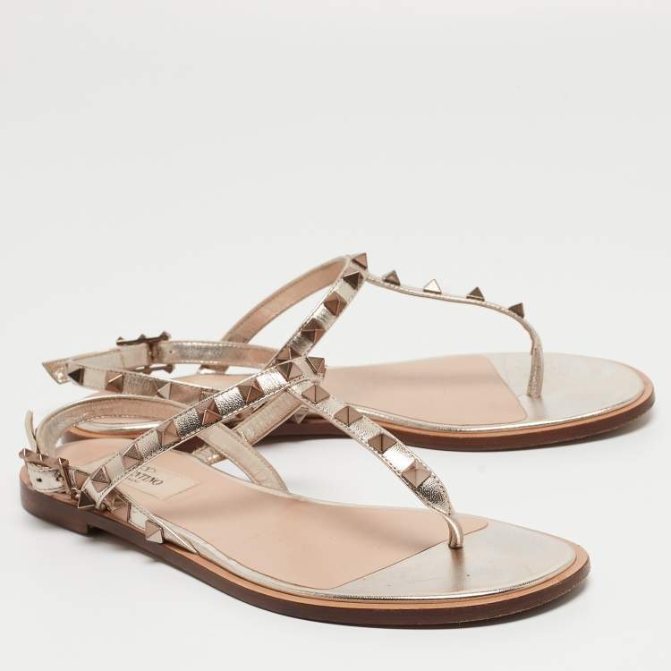 Pre Owned Valentino Metallic Gold Leather Rockstud Thong Flat Slides Size 36.5