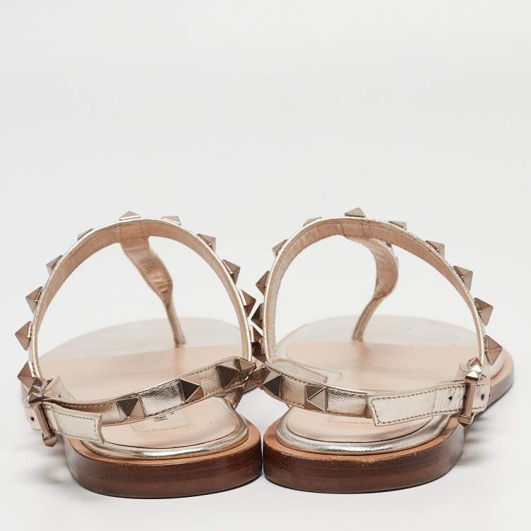 Pre Owned Valentino Metallic Gold Leather Rockstud Thong Flat Slides Size 36.5