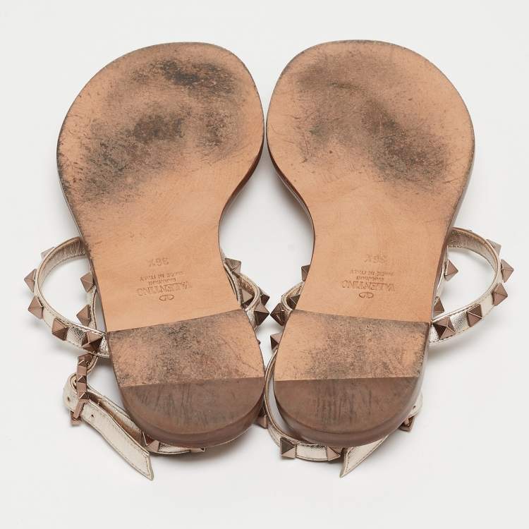 Pre Owned Valentino Metallic Gold Leather Rockstud Thong Flat Slides Size 36.5