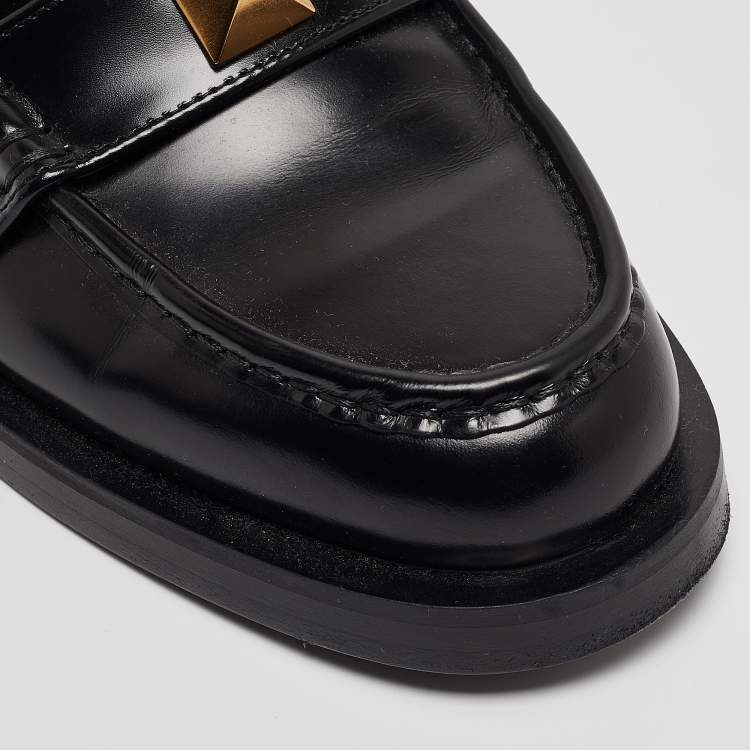 Pre Owned Valentino Black Leather Roman Stud Loafers Size 39