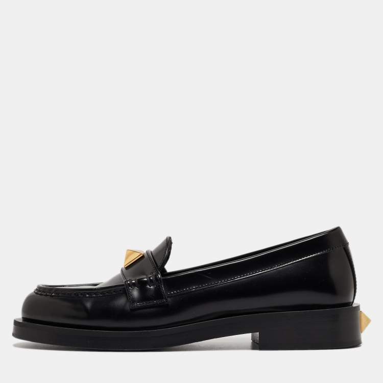 Pre Owned Valentino Black Leather Roman Stud Loafers Size 39