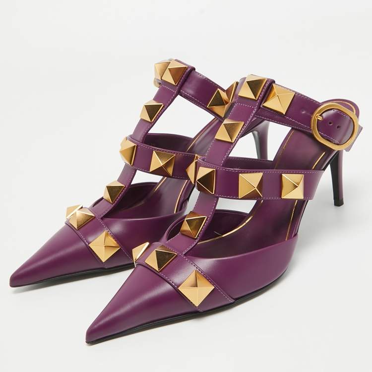 Valentino Purple Leather Roman Stud Ankle Strap Pumps Size 39.5