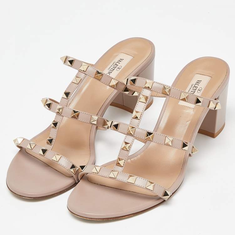 Pre Owned Valentino Pink Leather Rockstud Block Heel Slide Sandals Size 41