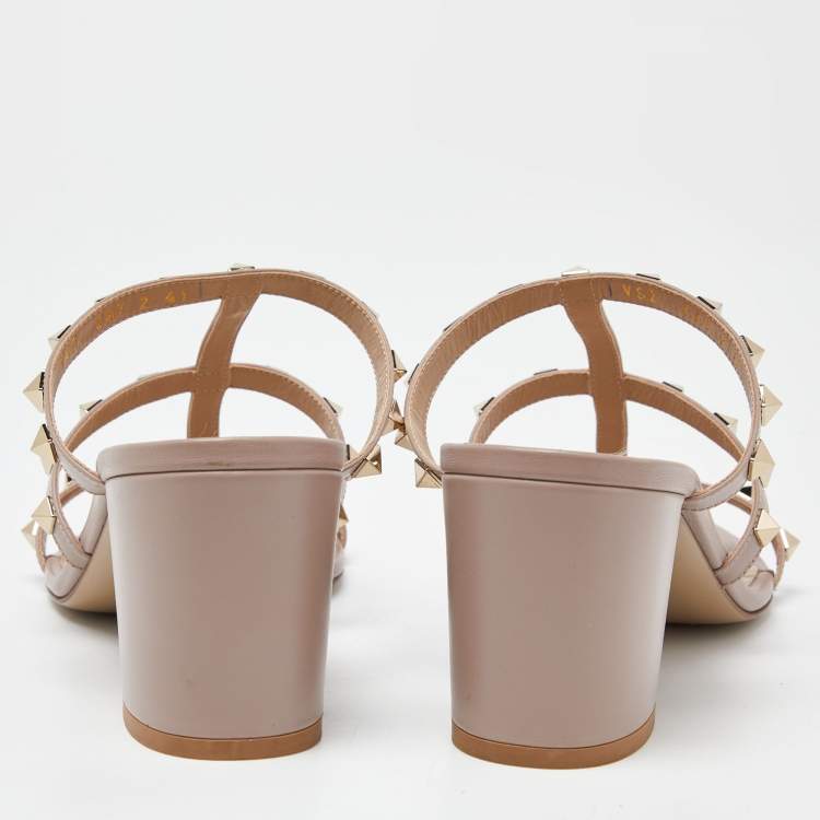 Pre Owned Valentino Pink Leather Rockstud Block Heel Slide Sandals Size 41