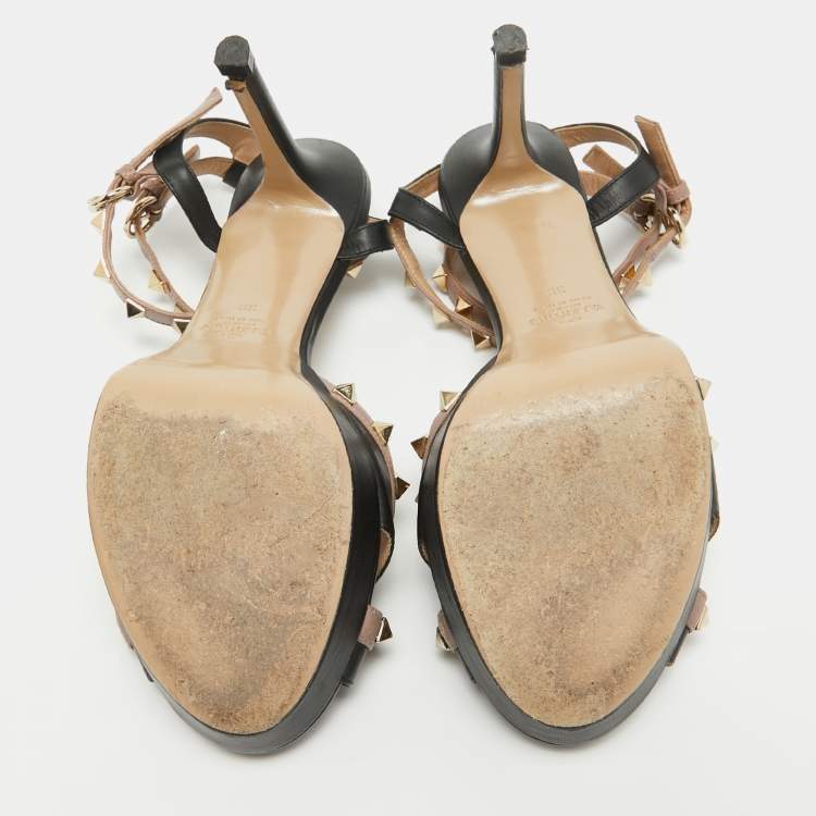 Pre Owned Valentino Black/Dusty Pink Leather Rockstud Platform Ankle Strap Sandals Size 39