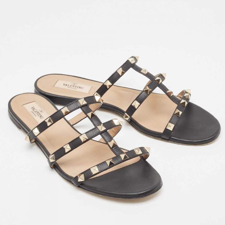 Pre Owned Valentino Black Leather Rockstud Flat Slides Size 40
