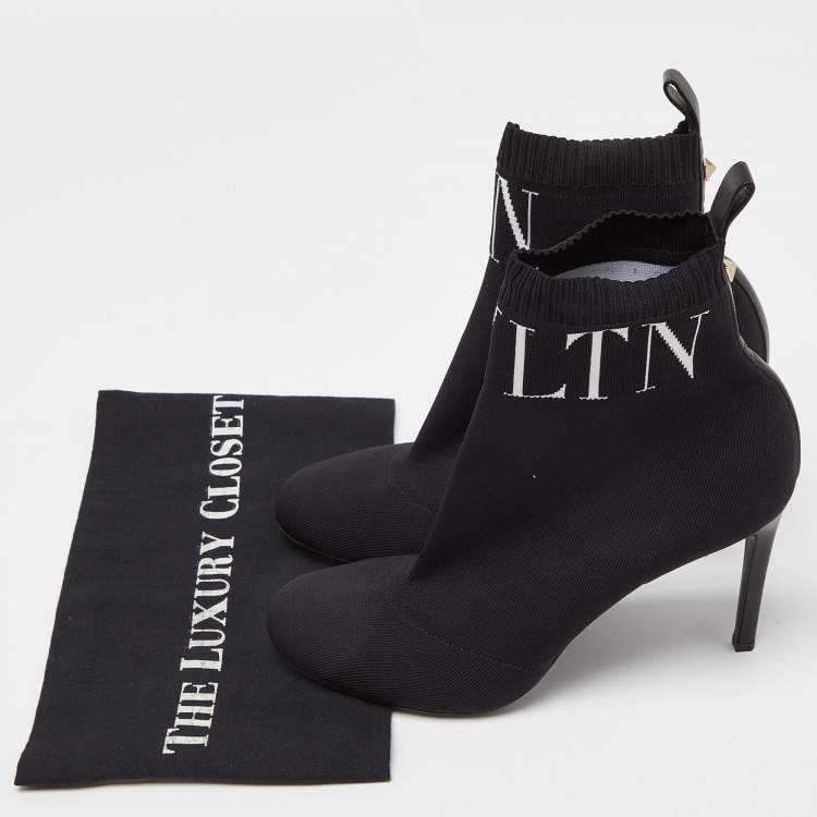 Pre Owned Valentino Black Knit Fabric VLTN Pointed Toe Ankle Booties Size 38