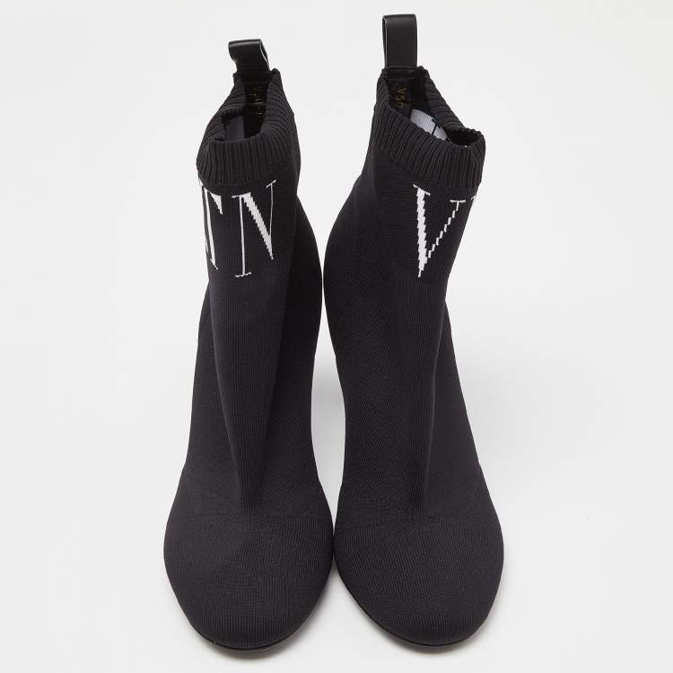 Pre Owned Valentino Black Knit Fabric VLTN Pointed Toe Ankle Booties Size 38
