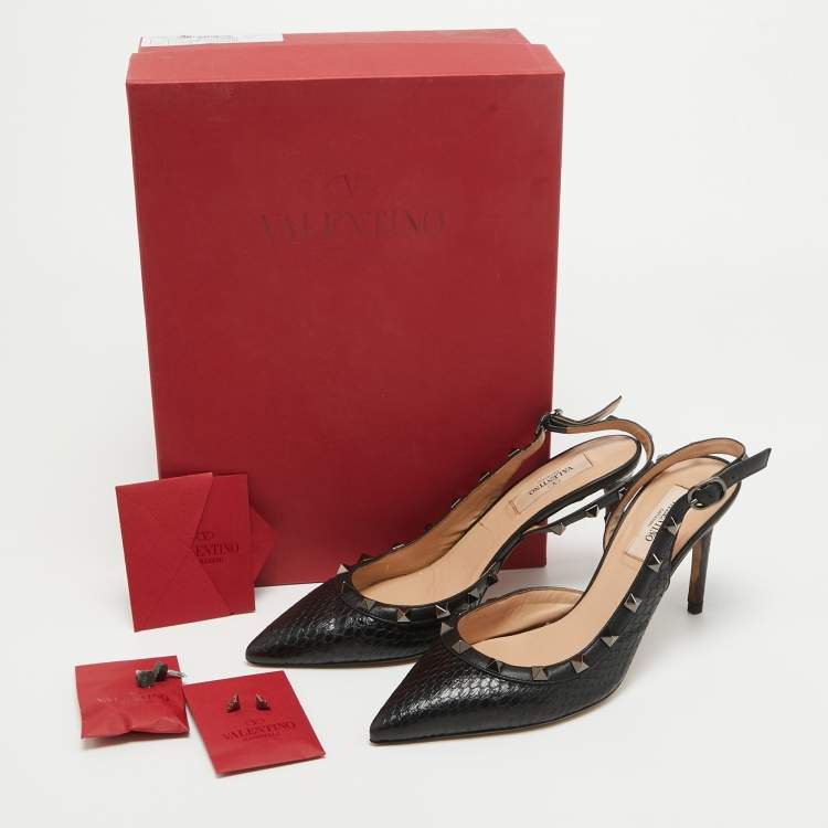 Pre Owned Valentino Black Python Rockstud Slingback Pumps Size 37.5