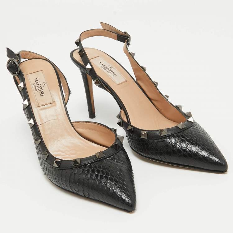 Pre Owned Valentino Black Python Rockstud Slingback Pumps Size 37.5