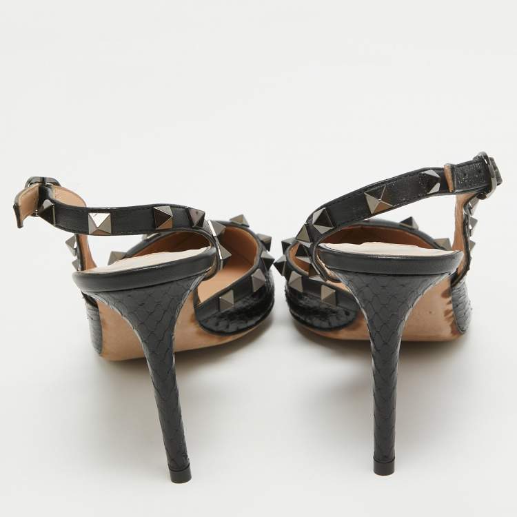 Pre Owned Valentino Black Python Rockstud Slingback Pumps Size 37.5