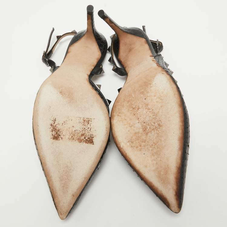 Pre Owned Valentino Black Python Rockstud Slingback Pumps Size 37.5