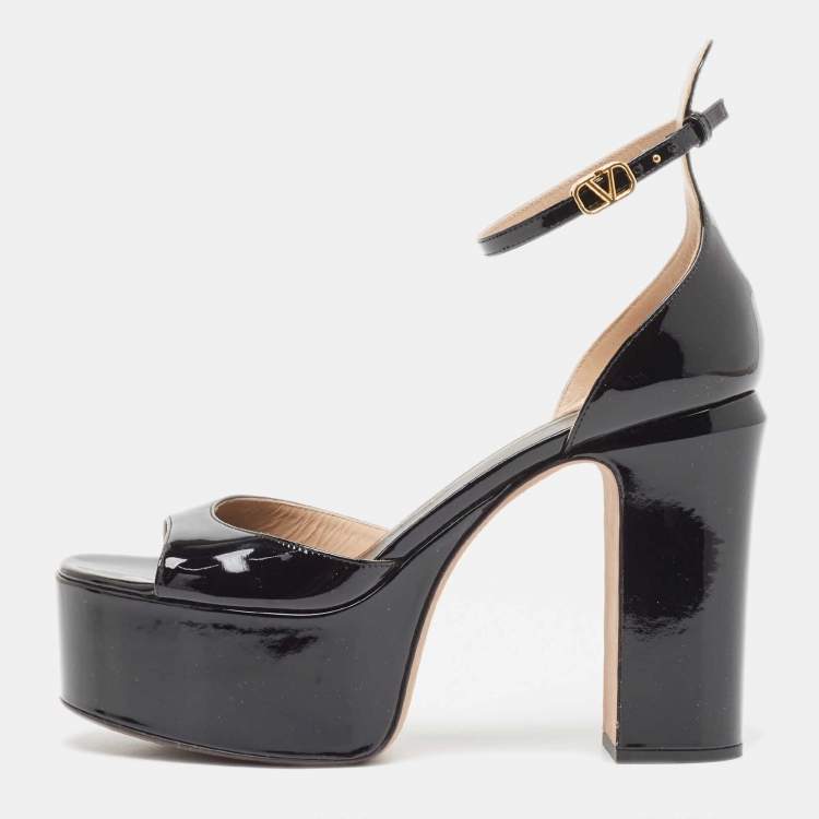 Valentino Black Patent Leather Tan-Go Platform Sandals Size 39