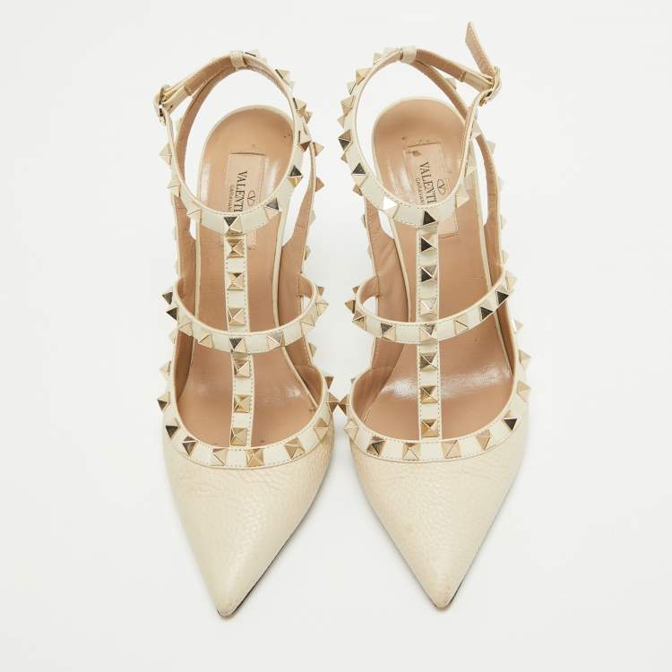 Pre Owned Valentino Cream Leather Rockstud Ankle Strap Pumps Size 39