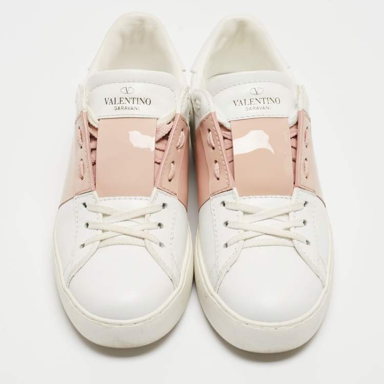 Pre Owned Valentino White/Pink Patent and Leather Open Sneakers Size 35.5
