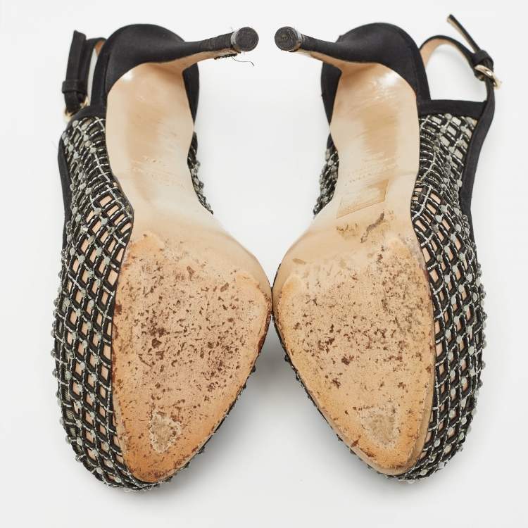 Pre Owned Valentino Black Satin and Leather  Crystal Embellished Pumps Size 37.5  